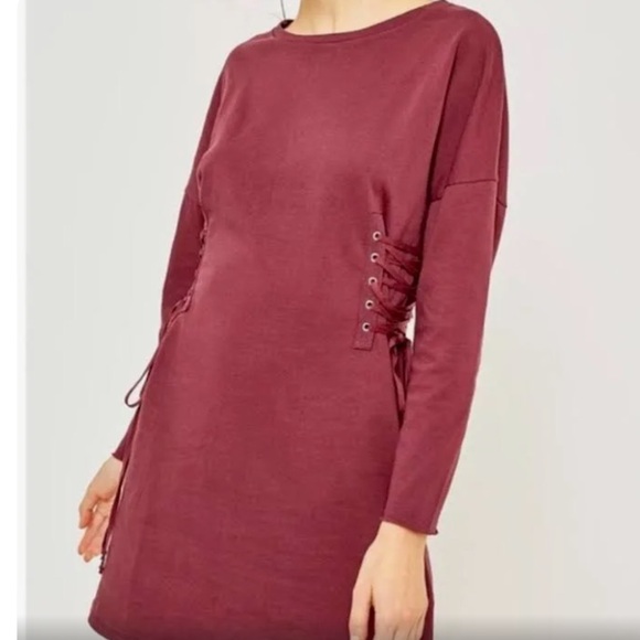 silence + noise UO Wine Side Lace Up Cinch Long sleeve Mini Dress, Size S - Picture 3 of 9